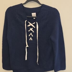NIC+ZOE Navy V-Neck Lace-Up Ribbed Sweater with White Ties